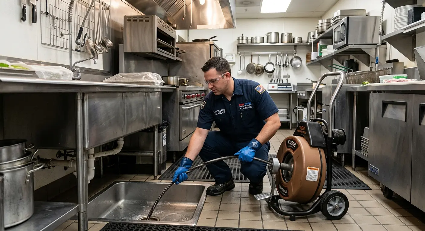 Commercial drain cleaning service in a restaurant kitchen in Iowa City