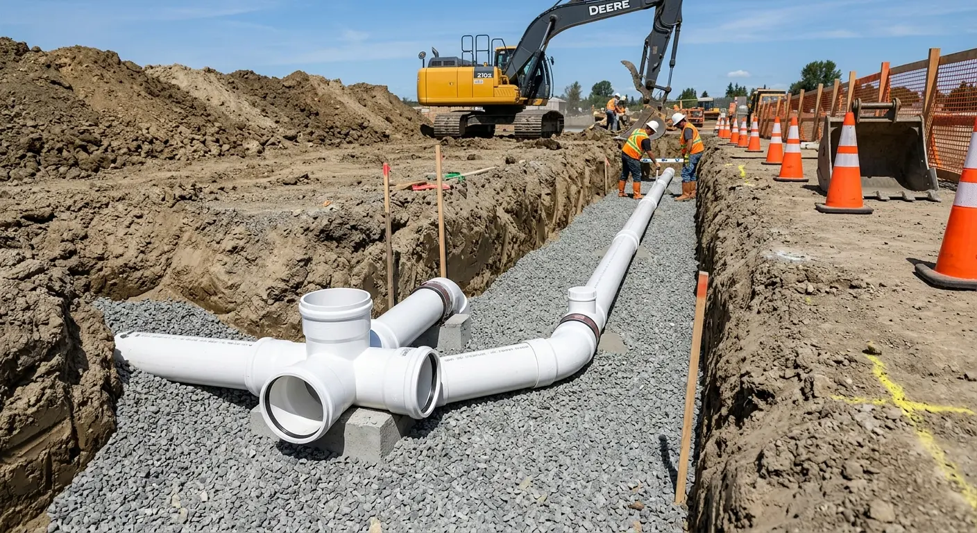 New PVC sewer pipe installation in open trench for Commercial Drain Cleaning in Iowa City