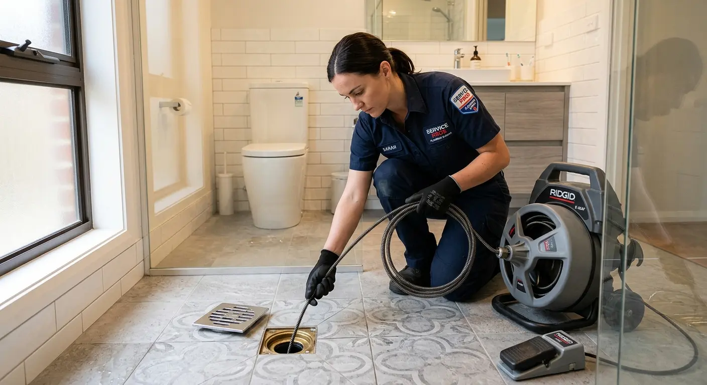 Technician clearing a bathroom floor drain for Clogged Drain Repair in Iowa City